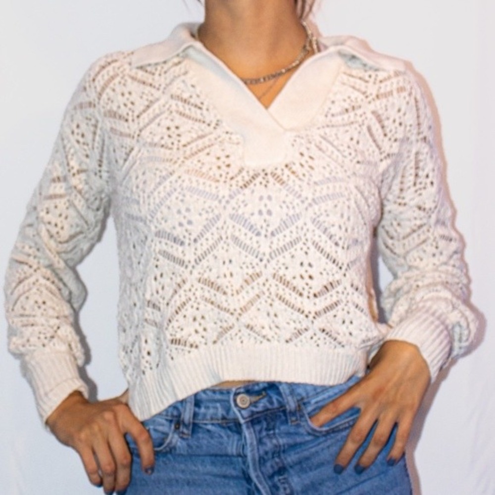 Freshman 1996 Ivory Crochet Collared Sweater Women's L Cropped Knit Boho Top